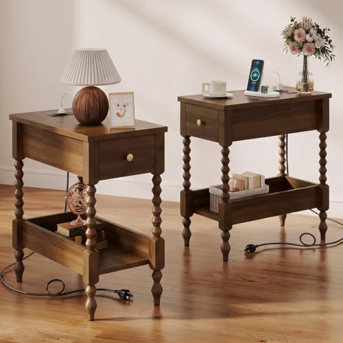 YOSHOOT Farmhouse End Table with Charging Station Set of 2 - Narrow Side Table for Living Room Bedroom Small Space, Wood Nightstand with Drawer and Power Outlets, Walnut
