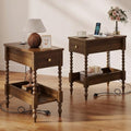 YOSHOOT Farmhouse End Table with Charging Station Set of 2 - Narrow Side Table for Living Room Bedroom Small Space, Wood Nightstand with Drawer and Power Outlets, Walnut