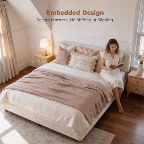 King Size Cloud Bed Frame, Boucle Wood Upholstered Platform Bed, Cream