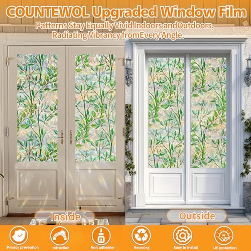 Countewol Privacy Window Films Stain Glass Cling No Glue Anti-UV Window Sticker for Bathroom Bedroom Living Room(Leaf Rainbow 157.4" L*17.5" W)
