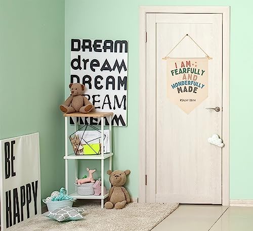 Christian Bible Verses Art-Scripture Flag Sign Gift for Baby Newborn Boys Girls Kids-Banner Wall Decor Gift for Nursery Bedroom Playroom Front Door-Baby Gift Shower-I Am Fearfully