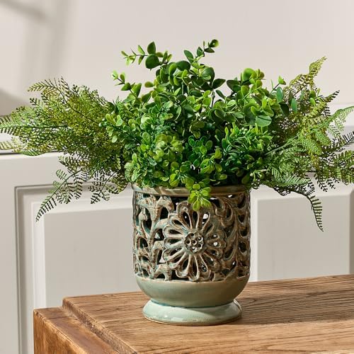 Farmhouse Kitchen Utensil Holder for Countertop, Ceramic Large Cooking Utensil Crock with Cork Mat, Decorative Rustic Utensil Holder for Kitchen Counter, Hollow Carving Flower, Blue