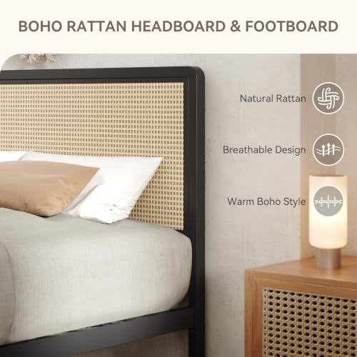IMMERSTABLE Rattan Full Size Bed Frame with Headboard, Boho Full Metal Platform Bed Frame with Steel Slats, Under Bed Storage, Rounded Corners, No Box Spring Needed, Quiet Design, Easy Assembly, Black