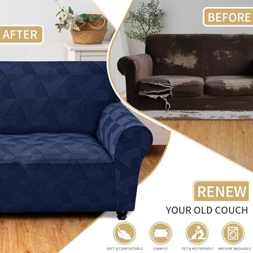 JIVINER 1 Piece Couch Cover for 3 Cushion Couch, High Stretch Sofa Covers with Elastic Bottom, Washable Sofa Slipcovers for Dog, Pets Feature Geometrical Jacquard Fabric (Sofa, Navy Blue)