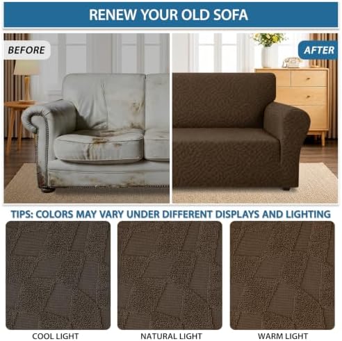 ZNSAYOTX 1 Piece Stretch Sofa Covers for 3 Cushion Couch (72"-90"), New Plaid Couch Cover with Non-Slip Buckle for Dog Pets, Ultimate Soft Cozy Washable Sofa Slipcover Form Fit Protector, Coffee