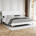 King Size Bed Frame with Linen Upholstered Headboard, White