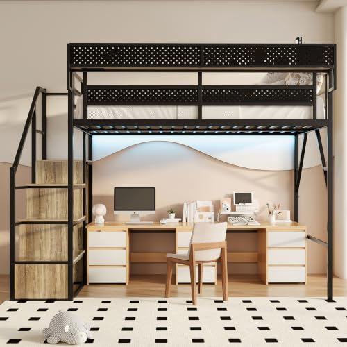 Full Size Metal Loft Bed with Storage Stairs, Wardrobe & Charging Station