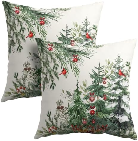 Green Christmas Tree Throw Pillow Covers 20x20 Inch Set of 2 Winter Pine Trees Red Berry Bells Birds Decorative Pillowcase Xmas Holiday Cotton Linen Cushion Cover for Home Sofa Couch Patio