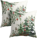 Green Christmas Tree Throw Pillow Covers 20x20 Inch Set of 2 Winter Pine Trees Red Berry Bells Birds Decorative Pillowcase Xmas Holiday Cotton Linen Cushion Cover for Home Sofa Couch Patio
