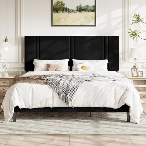Allewie King Size Platform Bed Frame with Velvet Upholstered Headboard
