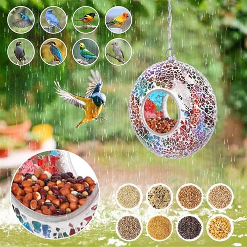 Yinns Solar Mosaic Bird Feeder, Fly Through Bird Feeders for Garden Decor