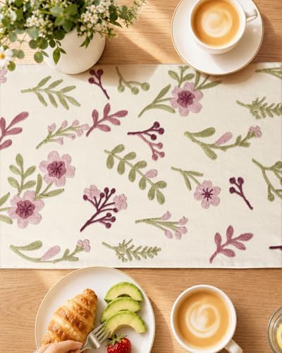 Miss Adola Embroidered Canvas Table Runner 13"x72", Subtle Floral