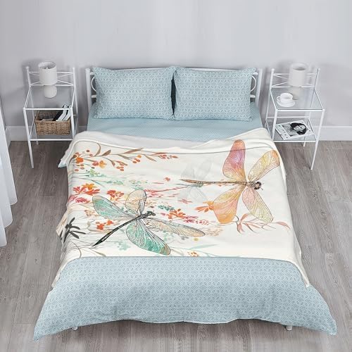 Fall Throw Blanket,Watercolor Dragonfly Throw Blanket for Couch Home Decor,Coloful Flowers Soft Plush Travel Blanket Lightweight,Cozy Throws for Couch,Bed,Naps,Reading60 X 80 Inch