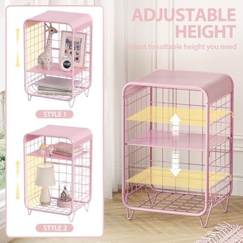 APEXCHASER Cute Kids Pink Nightstand,3 Tier Metal Side Table