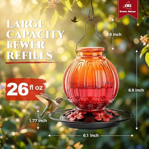 2 Pack Glass Hummingbird Feeder for Outdoors Hanging, Bird Nectar Feeder with Perch & 5 Flower Feeding Ports, 26 Oz Leak Proof for Outside Garden Decor Backyard, Gifts for Women Mom, Red + Orange Red