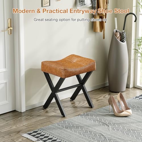 Memobarco 18-Inch Leather Vanity Stool Chair, Brown Saddle Vanity Stool