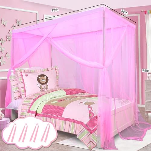 South to East Twin Canopy Bed Curtains for Girls, Pink Bed Canopy