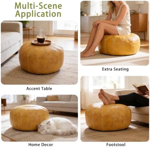 Thgonwid Round Unstuffed Pouf Cover, Faux Leather Storage Ottoman, Boho Moroccan Foot Stool, Multi-Purpose Home Decor for Living Room, Bedroom and Balcony, Yellow, No Filling Included