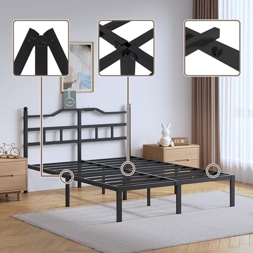 14 Inch Metal Bed Frame - Full Size Heavy Duty Bedframe with Charging Station & Headboard Basic Steel Slats Platform No Box Spring Needed/Easy Assembly/Noise Free