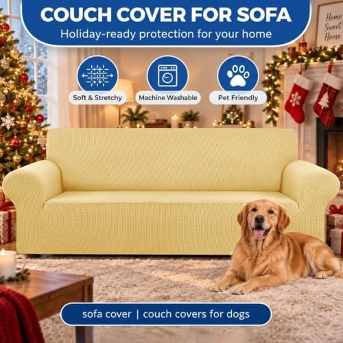 KEKUOU Stretch Couch Covers for Sofa, 3 Cushion Couch Slipcover,Champagne