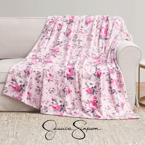 Jessica Simpson Oversized 60"X70" Plush Throw Blanket, Esther Blush Roses
