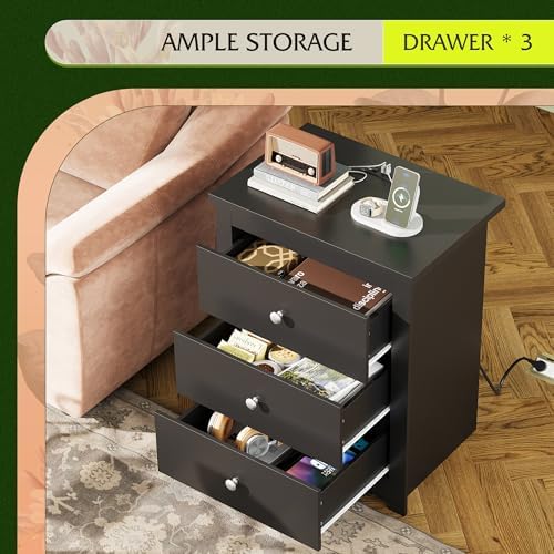 WLIVE Tall Nightstand with Charging Station, Wood Bedside Table, Black