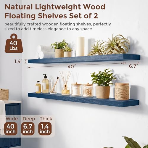 fuqing 40 Inch Floating Shelves, 6.7 Inch Deep Blue Wall Shelves Set of 2