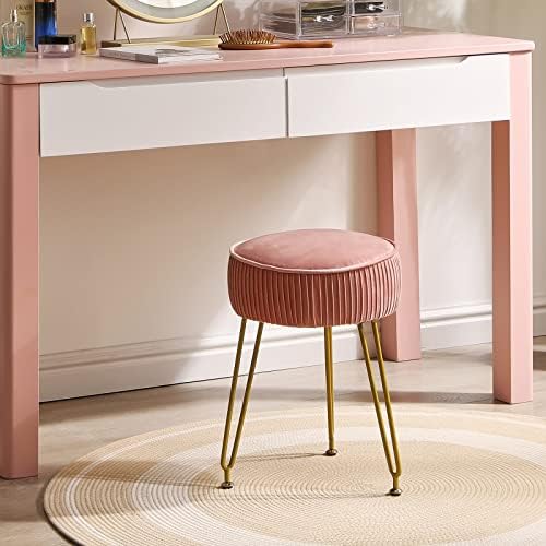 IBUYKE Velvet Vanity Stool Ottoman, Round Footrest Chair, Pink LG-30P
