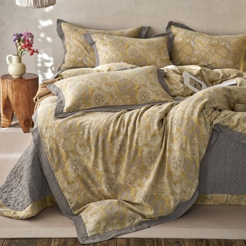 Jacquard Floral Duvet Cover Set King,Yarn-Dyed Cotton Yellow Gold Flower Duvet Cover Bordered,Vintage Garden Style Bedding Set King