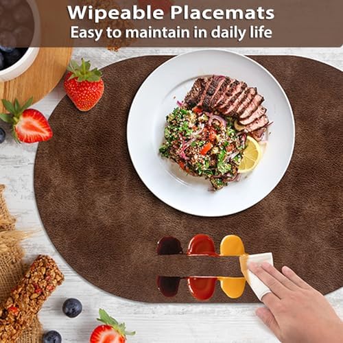 ADRIMER Oval Placemats Set of 6, Wipeable Faux Leather, Brown