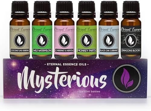 Eternal Essence Oils Mysterious Set of 6 Premium Fragrance Oils - Coconut Lime Verbena, Cabernet & Neroli, Dragons Blood, Wild Watermelon, Monkey Farts, and Black Oak Currant Scented Oils - 10ML