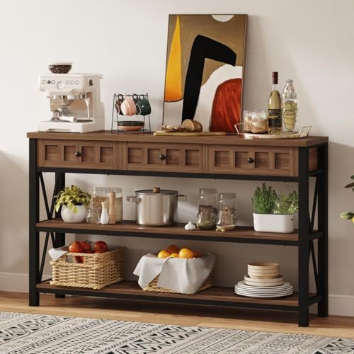 FATORRI Console Table for Entryway, 54.72 Inch Long Farmhouse Sofa Table with 3 Drawers for Living Room, Wood and Metal Hallway Tables with Storage and Couch Tables Behind Sofa, Medium Walnut