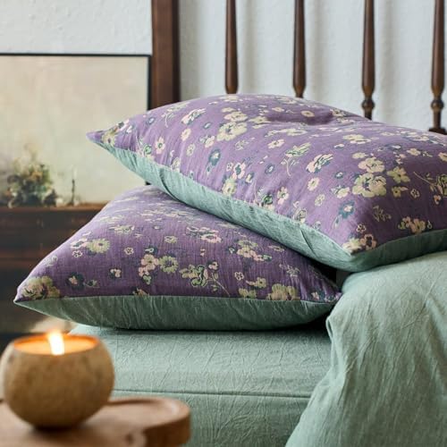 BuLuTu Vintage Purple Green Floral Duvet Cover Set Queen Comforter Cover Yarn-Dyed Jacquard Textured 100% Cotton Muslin Quilt Cover with Zipper Closure, 90"x90", Ultra Soft Breathable