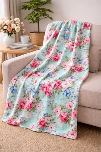 Soft Fleece Throw Blanket, Elegant Floral Roses Pink Blue Aqua, 50x70