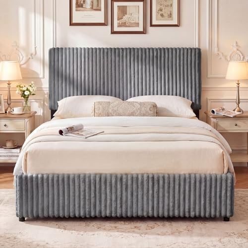 GIANTEX Queen Size Lift Up Storage Bed, Modern Corduroy Upholstered Platform w/Wingback Headboard, Hydraulic Support, Queen Bed Frame with Storage, No Box Spring Needed (Grey)