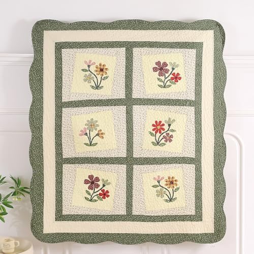 vctops 100% Cotton Quilted Throw Blanket 50x60 Inch Floral Embroidered Reversible Patchwork All Season Throw (Green A,50"x60")