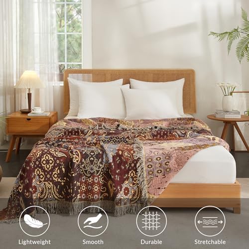Bailix Boho Throw Blanket, 100% Cotton, Woven Paisley Pattern, 50"x60"