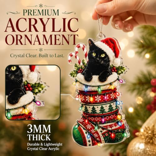 Black Cat Christmas Ornaments 2026, Cat Lover Gifts for Women Men, Black Cat Ornament with Lights, Funny, Cute Pet Acrylic Hanging Ornament, White Elephant Gift