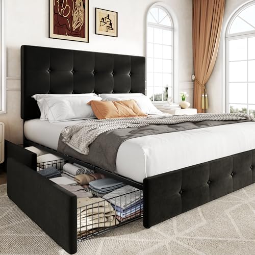 Allewie Full Size Storage Bed Frame with 4 Underbed Drawers, Upholstered Platform Bed with Adjustable Headboard, Square Button Tufted, Easy Assembly, Noise-Free, No Box Spring Needed, Soft Black