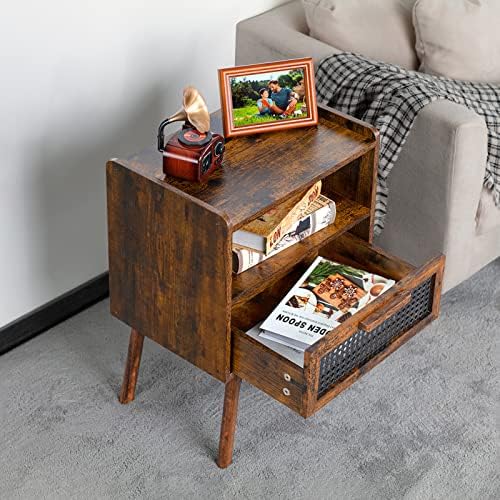 Lerliuo Rattan Nightstands Set of 2, Boho Side Table with Drawer Open Shelf