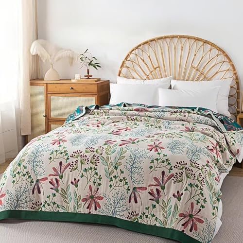 Boho Throw Blanket for Bed 100% Cotton Bohemian Blankets Ultra Soft Woven Muslin Decorative Blankets All Seasons Vintage Quilt Knitted Blanket for Sofa Chair(Green, 60"x80")