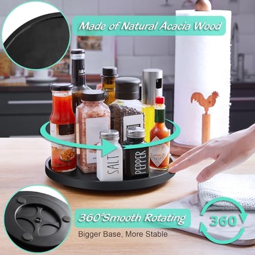 10" Wood Lazy Susan Turntable Organizer, Lazy Susan for Table Top Cabinet Dining Pantry Countertop Cupboard Organization, Decorative Tray for Kitchen Bathroom Decor Coffee Bar Accessories, Black