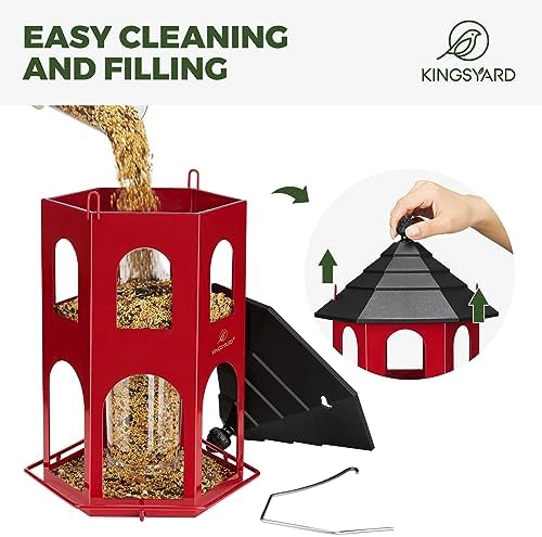 Kingsyard Metal Bird Feeder for Outdoor Hanging, Wild Bird Feeders with Circular Perch, Easy to Clean & Refill, 4 lbs Large Seed Capacity, Red