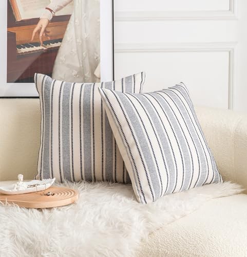 Cethom Decorative Boho Throw Pillow Covers, Farmhouse Textured Pillow Case, 20 x 20 Inch Set of 2, Chair Sofa Bedroom Living Room Decor Couch Cushion Case, Navy Blue and Beige Striped