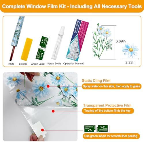 Countewol Privacy Window Films Stain Glass Cling No Glue Anti-UV Window Sticker for Bathroom Bedroom Living Room(Daisy Rainbow 78.7" L*35.4" W)