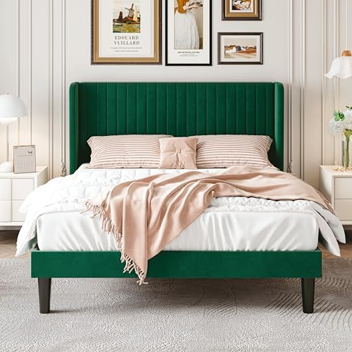 SHA CERLIN Queen Size Velvet Bed Frame, Tufted Wingback Headboard, Green