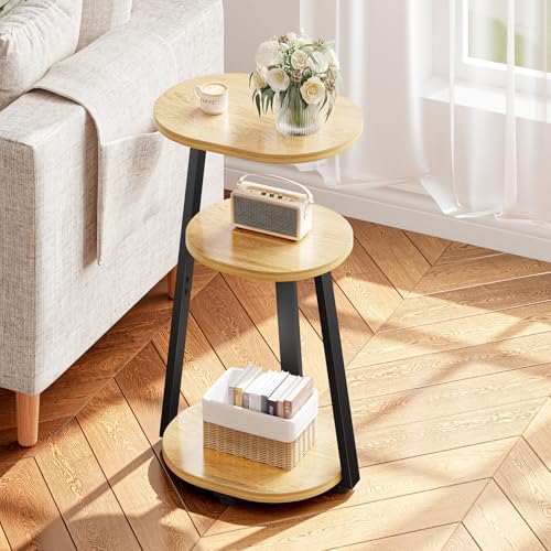 Kalrin Side Table, Small End Table with Metal Frame, 3-Tier Bedside Tables, Round Side Tables for Living Room Bedroom Couch Bathroom, Oval, Modern Oak
