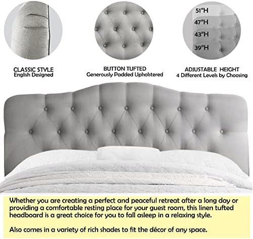 Rosevera Givanna Adjustable Height Headboard with Linen Upholstery and Button Tufting for Bedroom, King, Light Gray