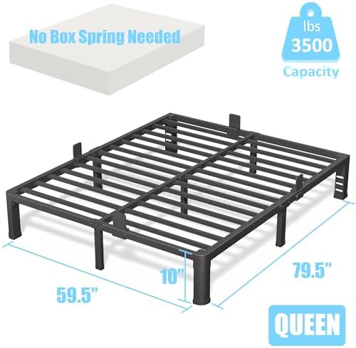 10 Inch Queen Bed Frame with Rounded Corner and Headboard Hole Mattress Retainers 3500 LBS Metal Heavy Duty Steel Slats Support No Box Spring Needed Platform Noise Free Easy Assembly