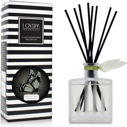 Reed Diffuser Set, English Pear & Bergamot Scented Oil Diffuser with Sticks, Home Fragrance Accessories for Bathroom Shelf Decor, Aroma Diffusers for Home or Office Desk, USA Made